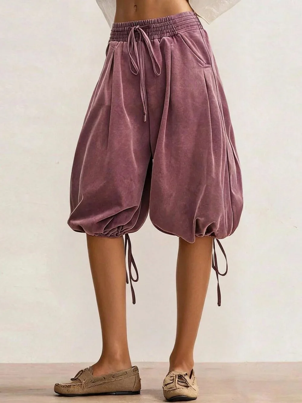 Purple Casual Boho Women's Cargo Pants with Waist Drawstring